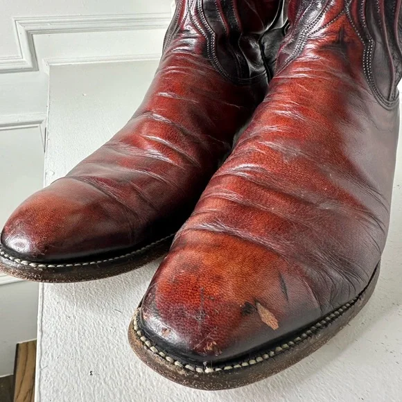 Vintage Lucchese Men’s 12B Cowboy Boots Brown Burgundy Handmade Leather Western - Picture 4 of 11
